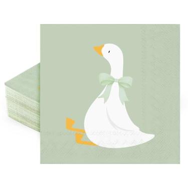Imagem de FYSUIMU Guardanapos de papel Silly Goose Ganso branco com laço Guardanapo de almoço verde sálvia toalha de mão descartável sobremesa jantar para chá de bebê gênero revelar suprimentos de festa de