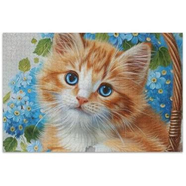 Imagem de Quebra-cabeça de pintura com flores de gato fofas 500 peças para adultos, presentes para amantes de quebra-cabeças, paisagem, decoração de casa, arte
