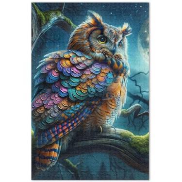 Imagem de Quebra-cabeça de coruja mágica escamas de sereia lua 500 peças animal adulto arte colorida presentes masculinos presentes exclusivos para amantes de quebra-cabeça para família, 51 x 35 centímetros