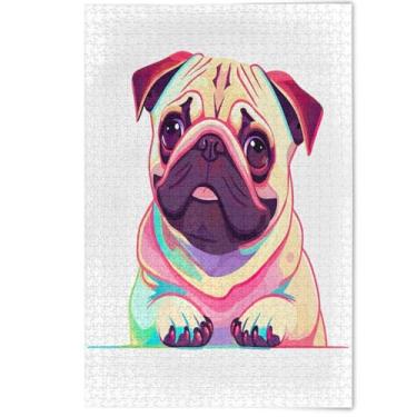 Imagem de Quebra-cabeça de arte pop de cachorro pug fofo para adultos 500 peças quebra-cabeça família amantes presentes natureza grandes quebra-cabeças flor animal impressão, 500 peças, 52 cm x 37,8 cm