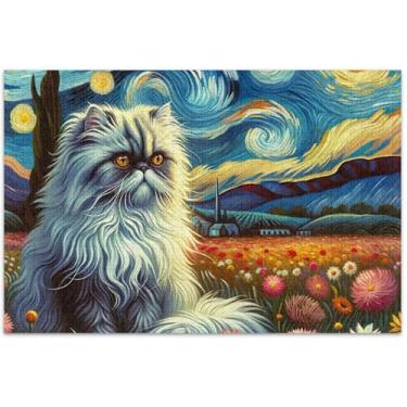Imagem de Quebra-cabeça floral de gato fofo noite estrelada 1000 peças adultos arte colorida animais presentes para jogo de elefante branco, 75 x 40 cm