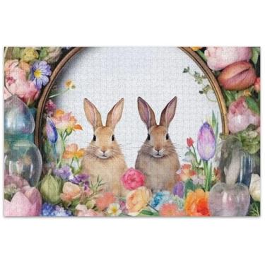 Imagem de Quebra-cabeça de coelhinhos da Páscoa na moldura floral com flores 500 peças para adultos quebra-cabeça divertido cenário floral