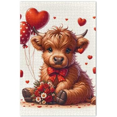 Imagem de Quebra-cabeça fofo de vaca highland bezerro dia dos namorados 500 peças adultos engraçado personalizado paisagem animal arte floral, 20,5 x 14,9 polegadas