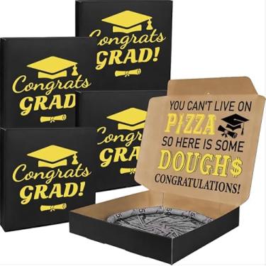 Imagem de JarThenaAMCS 5 caixas de pizza de formatura caixa de dinheiro ouro preto caixa de presente para suporte de dinheiro cartão de pizza engraçado presente suprimentos para festa de graduação, 24 x 24 x 4