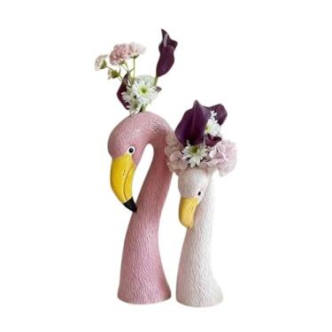 Imagem de Vaso de flamingo de cerâmica duplo - 35,5 cm e 26,7 cm vasos de flamingo de cerâmica rosa pastel, combinando com tema de pássaro brilhante, par maximalista eclético para prateleira, entrada, cozinha