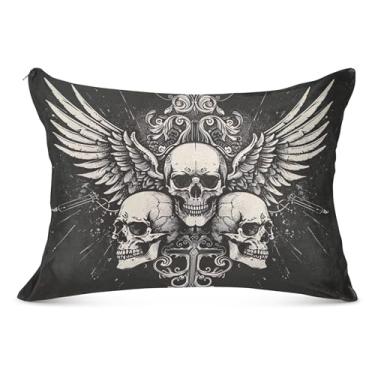 Imagem de Skulls Wings Capas de Almofada de Flanela Preta Decorativas King Queen Tamanho Padrão Impresso Decoração de Casa Capas de Travesseiro, Tamanho Queen, 50,8 cm x 76,2 cm