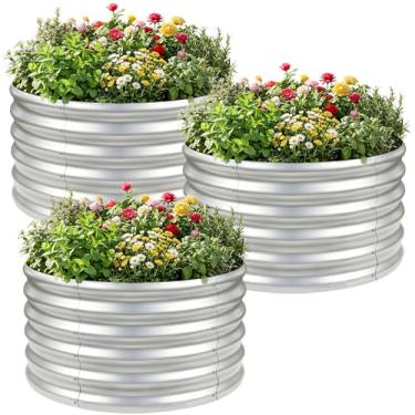 Imagem de AHEONLAR Kit de cama de jardim elevado, galvanizado, 3 peças, 5 x 5 m, caixa redonda de metal, canteiros elevados, jardim ao ar livre, para plantar, frutas, ervas, prata