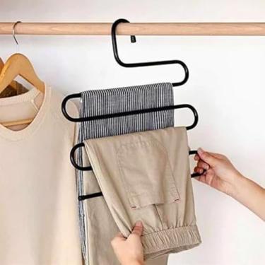 Imagem de Cabide em Formato S com 5 Divisórias, Metal, Prata, 35 x 35 Centímetros, para Calças, Saias, Bermudas, Cachecóis, Camisetas e Camisas