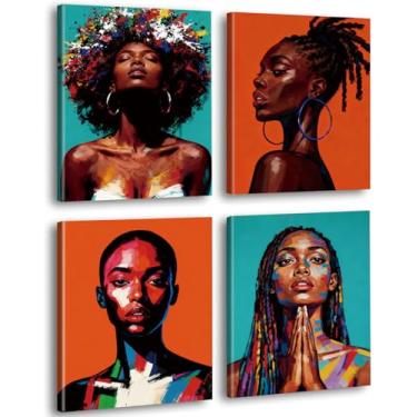 Imagem de Arte de parede emoldurada para mulheres afro-americanas, 4 peças 20 x 25 cm, impressões em tela para meninas negras, decoração de casa boho vibrante para sala de estar e quarto
