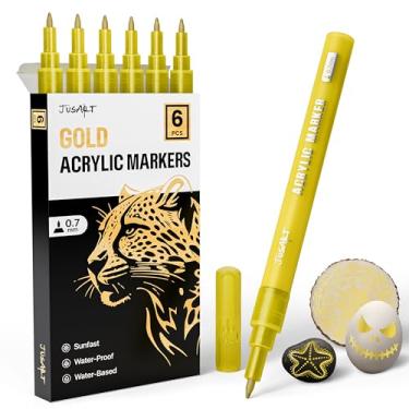 Imagem de JusArt Pacote com 6 marcadores de tinta acrílica dourados, canetas de tinta acrílica de ponta fina de 0,7 mm para pintura rupestre, projetos de arte, cerâmica, vidro, madeira, metal, tecido, faça você