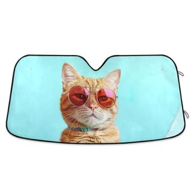 Imagem de Toldo de sol azul engraçado gato laranja personalizado para para-brisa de carro bonito universal dobrável caminhão carro persianas para protetor de janelas dianteiras M, 139,7 cm x 70,1 cm