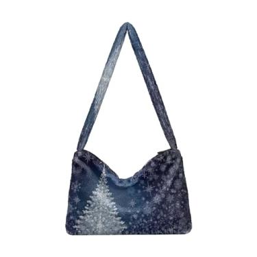 Imagem de Bolsa de ombro feminina vermelha com flocos de neve dourados, bolsa de mão para mulheres, bolsas de outono, Azul com flocos de neve brancos e árvore de Natal - 2, One Size