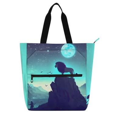 Imagem de GAIGEO Fantasia lobo uivando lua azul bolsa de trabalho para mulheres bolsa escolar lona com zíper professores bolsas amantes de livros