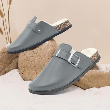 Imagem de Tamancos de camurça para mulheres e homens felpudos PU macio palmilha de couro mules conforto batata sapatos com suporte de arco cinza, Cinza, 5 Women/3.5 Men