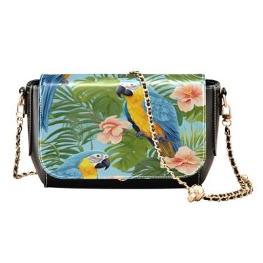 Imagem de Bolsa tiracolo feminina de couro flutuante e coberta de bola de futebol com corrente dourada, Folha de samambaias e papagaios azuis-3, One Size