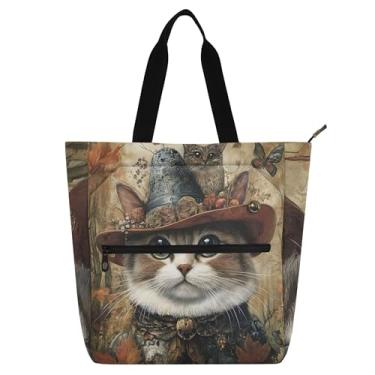 Imagem de GAIGEO Sacola marrom com chapéu de gato de outono caprichoso para crianças e mulheres, bolsa de livros de lona com zíper para escola, trabalho, viagens
