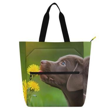 Imagem de GAIGEO Linda sacola de flores de labrador de chocolate para mulheres, bolsa de livros infantil com zíper, reutilizável, escola, trabalho, viagem