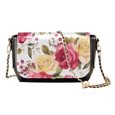 Imagem de Rosas vermelhas aquarela em bolsa transversal branca com alça de corrente, presentes de couro para mulheres, Aquarela de rosas vermelhas em branco-4, One Size