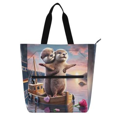 Imagem de GAIGEO Titanic Otter Romântico Amor Livro Sacola para Mulheres Crianças Escola Trabalho Viagem Zíper Médio Reutilizável Impressão