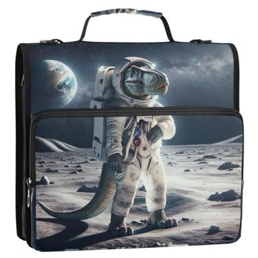 Imagem de Astronauta Dino Engraçado 3 fichários de anel D 3 polegadas D fichário organizador de fichários escolares bolsa com alça de ombro vários bolsos pasta grande portfólio