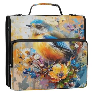 Imagem de Fichários com 3 anéis de 3,5 cm, anel D, pássaro selvagem, floral, com zíper, fichário com alça, bolsa escolar básica, vários bolsos, pasta grande para portfólio