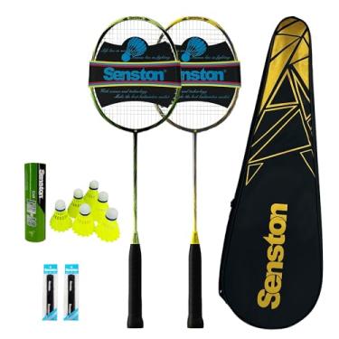 Imagem de Senston Conjunto de raquetes de badminton de fibra de carbono: 2 raquetes, 6 petecas (duas petecas), 2 overgrips e bolsa de transporte - kit completo para quintal, academia, brincadeiras para todos os