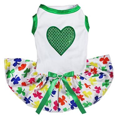Imagem de Petitebella Vestido de cachorro de coração com lantejoulas verdes (branco/trevos arco-íris, 3GG)