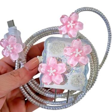 Imagem de Lindo protetor de cabo de carregador para iPhone iPad 18W/20W capa de carregador flor 3D Sakura rosa flor floral protetor de cabo de telefone, protetor de cabo de carregamento DIY para iPhone 14 15 16