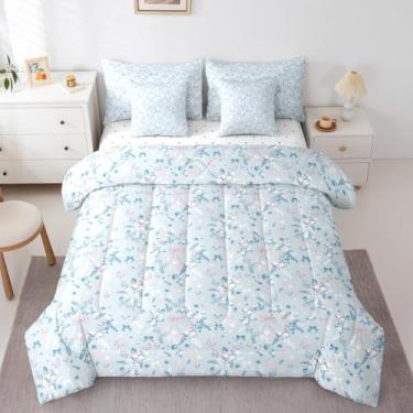 Imagem de jejeloiu Jogo de cama solteiro com laço, 7 peças, lençol com laço, lençol com edredom, fronhas, fronhas kawaii, azul claro