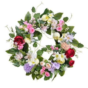 Imagem de POCREATION Grinalda de Flores Artificiais, Estética Floral Vintage Com Pétalas de Camélia Em Camadas e Folhas de Eucalipto, Cores Resistentes para Decoração de Porta, Parede, Lareira Interna (Coroa