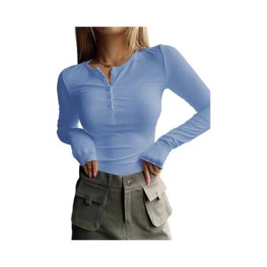 Imagem de Camiseta Casual Feminina De Manga Longa Com Textura Lisa E Botão Front