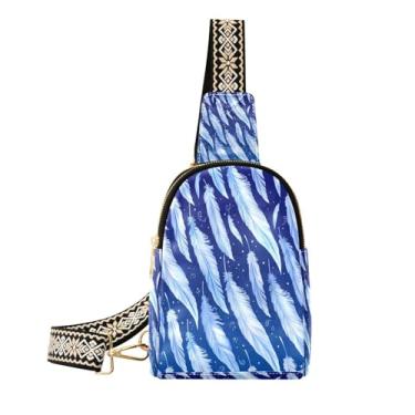 Imagem de CEBUGI Bolsa tiracolo feminina Blue Feathers pequena de couro, pochete transversal para trilhas, viagens ao ar livre