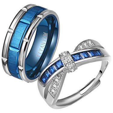 Imagem de ringheart 2 anéis para casais, conjuntos de noivas, anéis de prata azul cz anel de casamento feminino aço titânio masculino alianças de casamento, Cristal Metal Pedra Cristal Metal strass pedra,