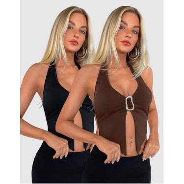 Imagem de Kit 2 Cropped Feminino Regata Suplex Decote V Fivela Orgânica Moda Blo