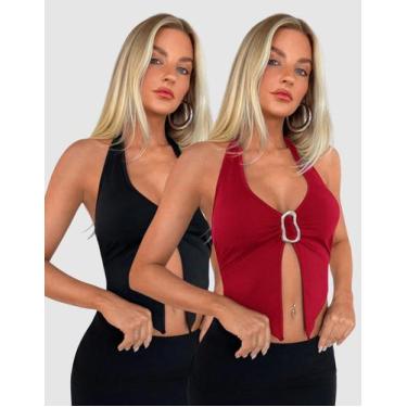 Imagem de Kit 2 Cropped Feminino Regata Suplex Decote V Fivela Orgânica Moda Blo