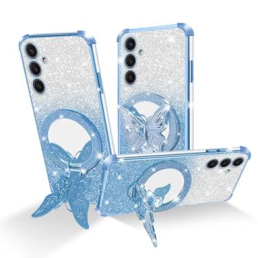 Imagem de Easyscen Capa para celular Samsung Galaxy S24 Plus (6,7 polegadas), com suporte de borboleta e 4 cantos de airbag protetora, capa protetora à prova de choque de luxo feminina com glitter - azul