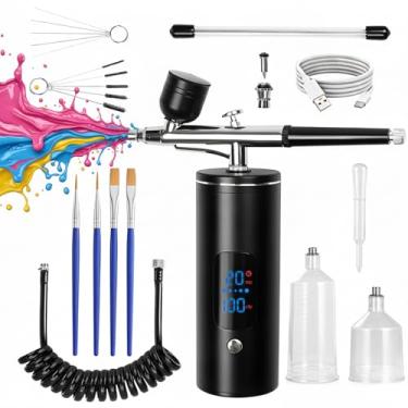 Imagem de Kit de aerógrafo com compressor, aerógrafo sem fio de alta pressão de 48 PSI 6000mAh, recarregável, 3 velocidades, dupla ação, bicos de 0,2/0,3/0,5 mm e 3 xícaras, sem entupimento para pintura