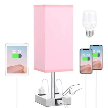 Imagem de Lâmpada de Mesa Cabeceira Tecido com LED Branco Quente Controle 3 Níveis Regulável Portas Carregamento USB A Type-C 2 Tomadas Energia Luz para Sala Es