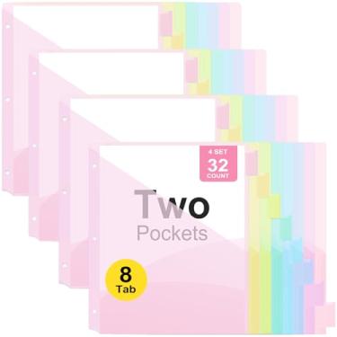 Imagem de Divisórias de fichário com dois bolsos, 8 divisórias para fichário de 3 anéis, tamanho carta, divisória de plástico durável com abas, abas grandes inseríveis, pastel (4 conjuntos)