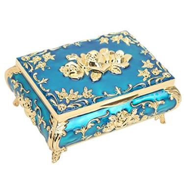 Imagem de Diydeg Caixa de Joias Vintage, Design Em Relevo Rosa, Resistente à Ferrugem, Caixa de Armazenamento de Joias de Liga de Zinco Com Flanela Interna para Coleção de, Presente de (Ouro Azul)