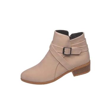 Imagem de Botas femininas de bico fino no tornozelo com zíper lateral, botas curtas casuais de salto baixo, Caqui, 36