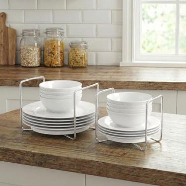 Imagem de APRTAT Escorredor de pratos de bambu ajustável - escorredor de pratos de aço inoxidável 304 para cozinha | Essenciais de balcão para organização e secagem eficientes de pratos (branco, 1 pequeno e 1