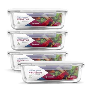 Imagem de Kit 4 Potes de Vidro Retangular com Tampa Hermética 2800ml (Branco)