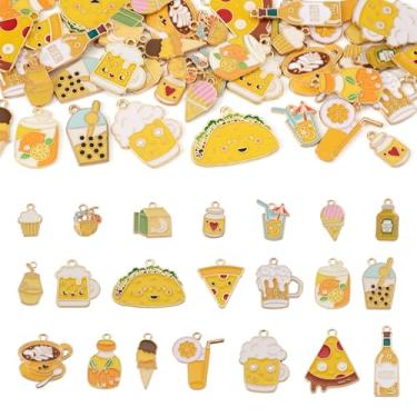 Imagem de Beadthoven 42 peças amuletos de liga esmaltada amarela, pingentes fofos de comida, suco de limão, copo de cerveja, bolo, banana, leite, pizza, pingentes, kawaii, massa, mini mistura, pingentes fofos