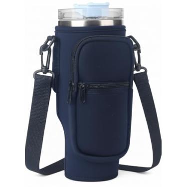 Imagem de Bolsa Porta Garrafa, Squeeze, Copo Térmico Com Alça Ajustável Shoulder Bag com bolso para celular, de neoprene, com alça ajustável, tampa para canudo e mosquetão (Azul Marinho)