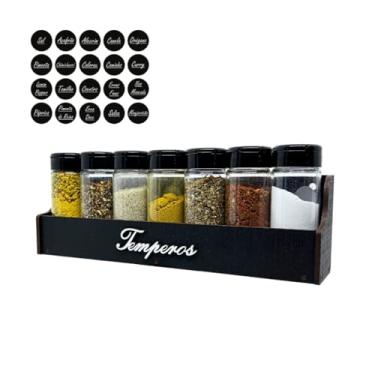 Imagem de Porta tempero organizador de cozinha com 7 potes transparentes e tampa giratória, etiquetas inclusas para condimentos secos e especiarias (Preto)