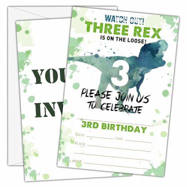 Imagem de Convites de aniversário de 3 anos de dinossauro com envelopes (25 unidades) - Cartões de convite de festa de preenchimento de dinossauros para meninos meninas crianças decorações de artigos de festa -