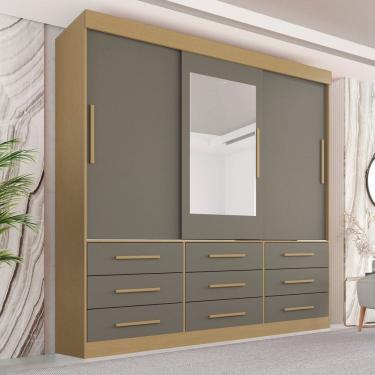 Imagem de Guarda-roupa Casal 3 Portas 9 Gavetas com Espelho Luana Jequitibá/Granizo