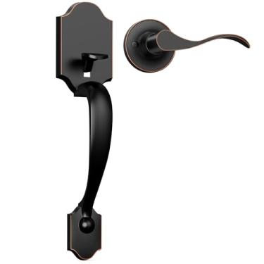 Imagem de Camtek Maçaneta da porta frontal sem trava, conjunto de fechadura de porta de entrada bronze polido a óleo com alça reversível, conjunto de fechadura de porta externa compatível com fechadura de