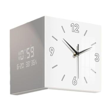 Imagem de Wswqop Relógio de Canto Metálico, Relógio de Parede Dupla Face, Quadrado, Relógio Eletrônico de Fácil Leitura, Relógio de Pendurar para Sala de Estar, Cozinh, Branco